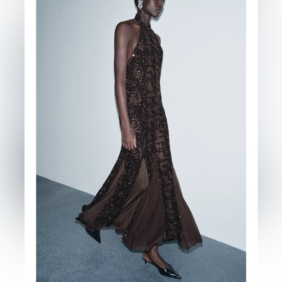 Zara Dresses & Skirts - NWT Zara Elegant Brown Sequin Halter Dress